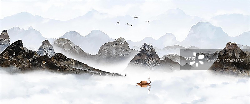 手绘中国风意境水墨山水画新中式背景插画图片素材