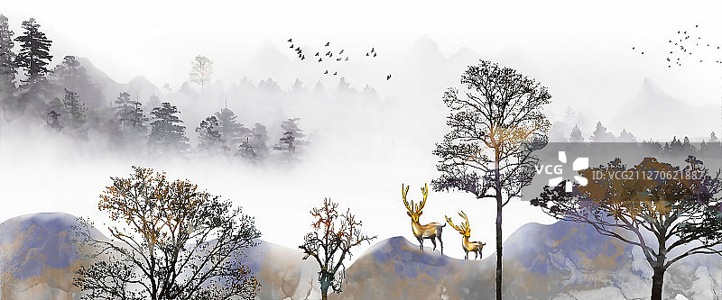 手绘中国风意境水墨山水画新中式背景插画图片素材