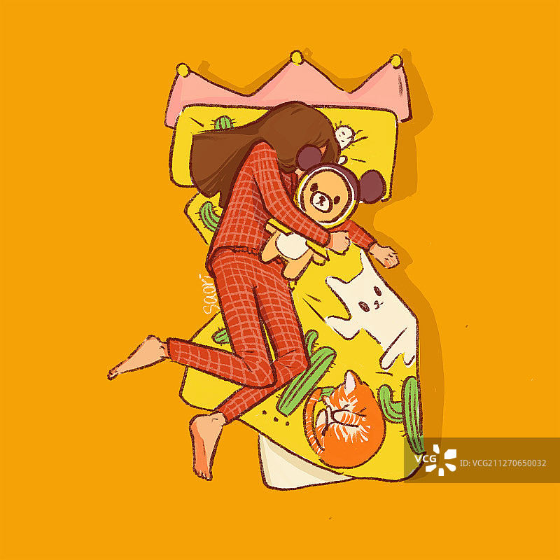 少女与猫之床图片素材