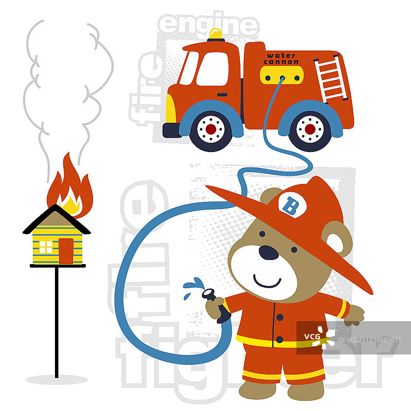 卡通滑稽消防员与消防车执勤图片素材