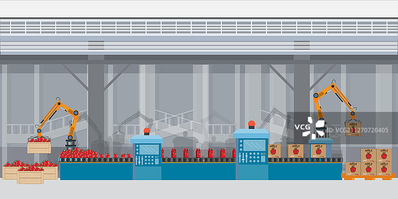 工厂流水线苹果汁装箱图片素材