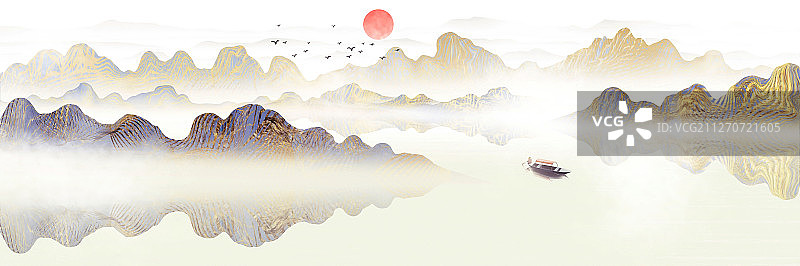 手绘中国风意境水墨山水画新中式背景插画图片素材