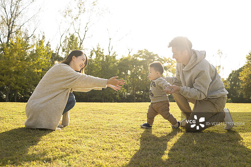 年轻夫妇在草地上教宝宝走路图片素材