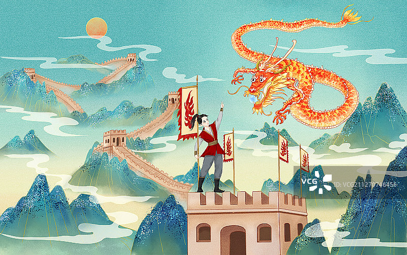 国潮中国风插画长城上的逐龙少年图片素材