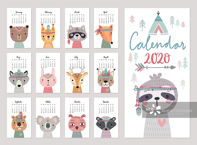 2020年可爱森林主题月历图片素材