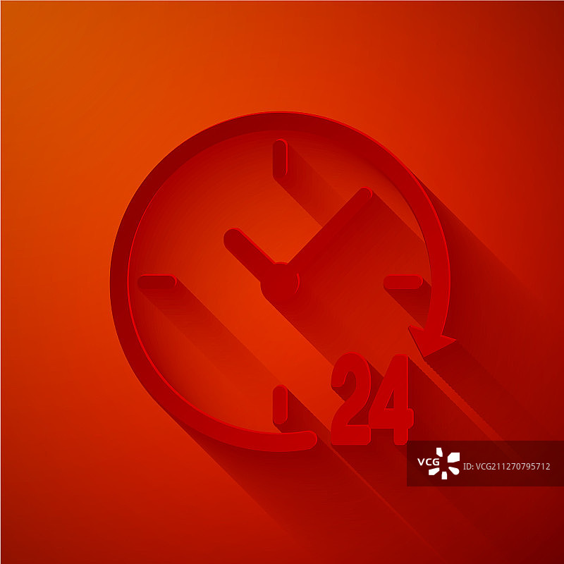 红色背景上的24小时剪纸时钟图标图片素材
