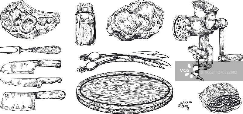 手绘牛排猪肉小牛肉培根牛肉图片素材
