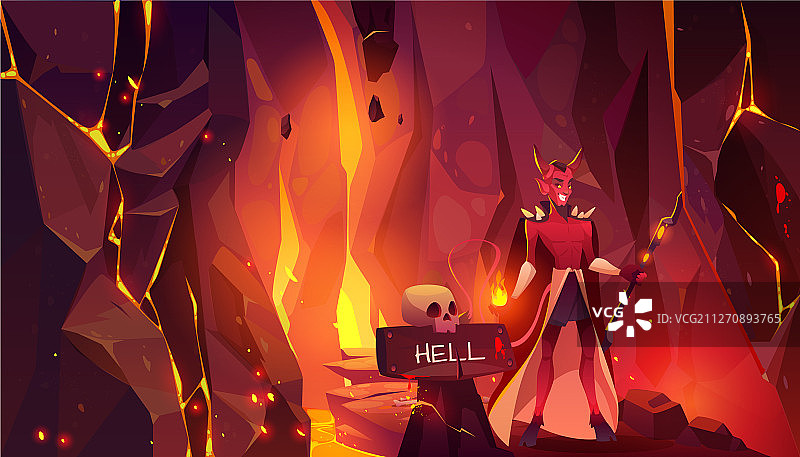 地狱恶魔，有角、蹄子和叉子图片素材