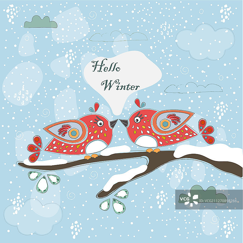 你好冬天：卡通小鸟贺卡图片素材