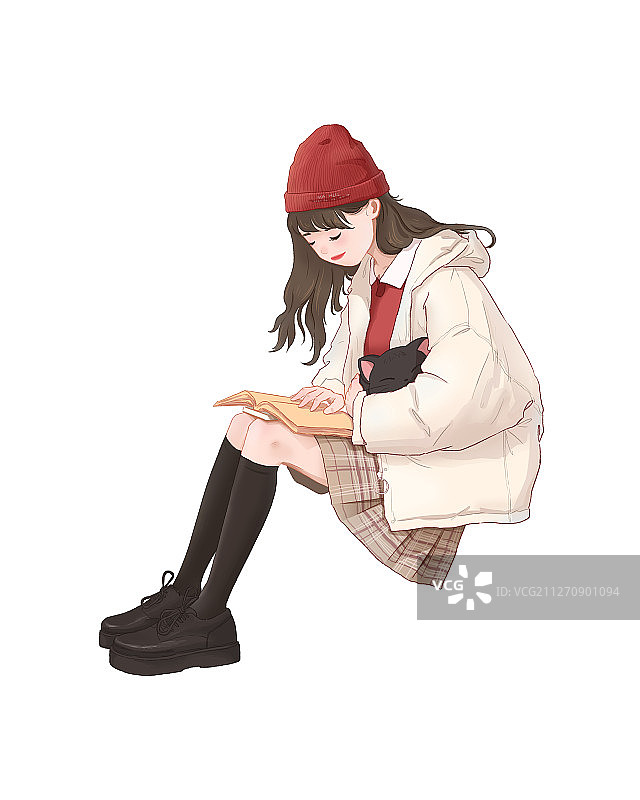 抱着猫咪看书的女孩图片素材