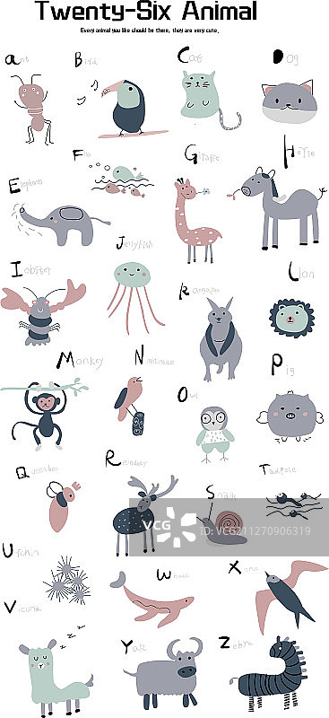 矢量26个字母动物可爱猴子小猪马羊牛鸟猫蚂蚁小鱼刺猬文创装饰图片素材