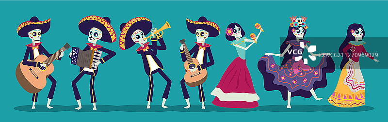 带有墨西哥流浪乐队的亡灵节贺卡图片素材