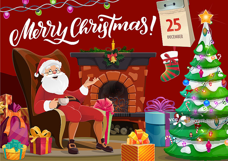 圣诞老人和壁炉的圣诞祝福图片素材