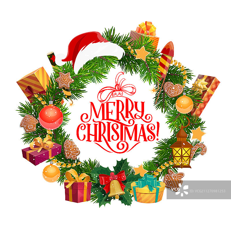 圣诞节祝福语、杉木花环和圣诞帽图片素材