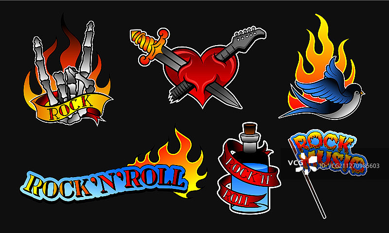 白色背景上的一组摇滚音乐贴纸图片素材
