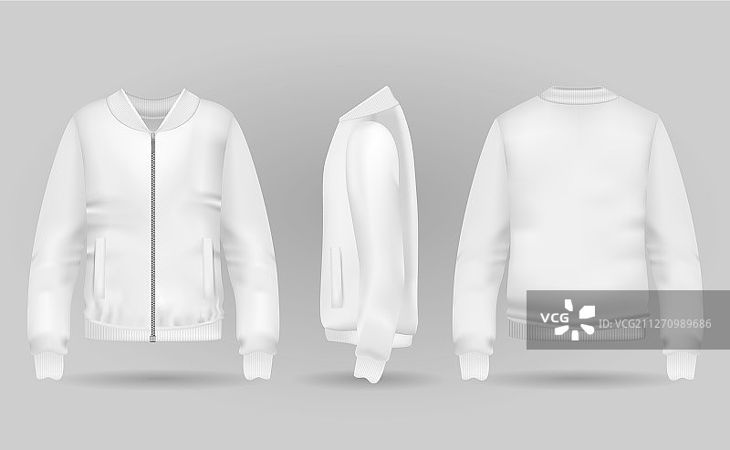 正面、背面和侧面的空白白色夹克衫图片素材