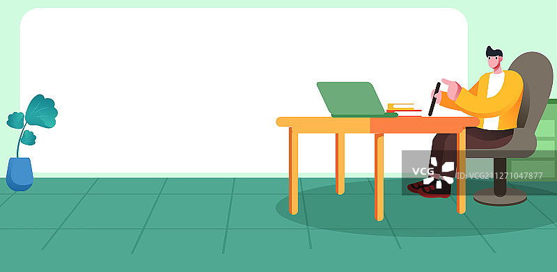 卡通手绘男子在家里工作学习插画图片素材