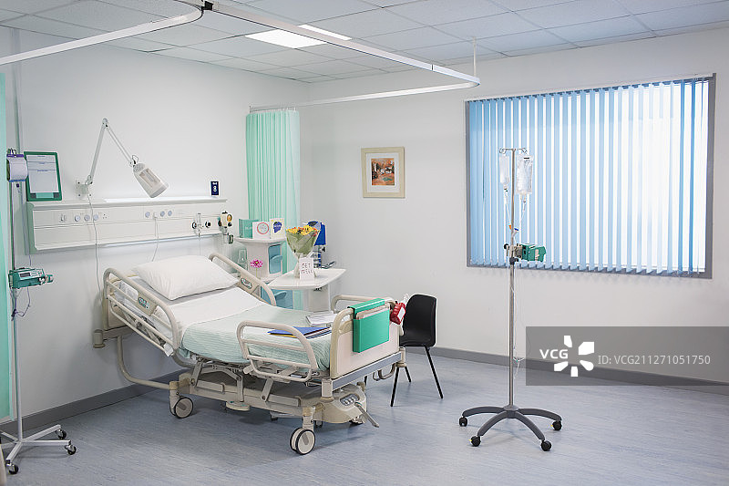 空置医院病房的病床、输液架和医疗设备图片素材