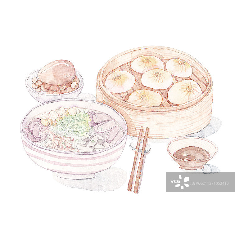 水彩插画南京灌汤包鸭血粉丝汤状元豆传统小吃图片素材