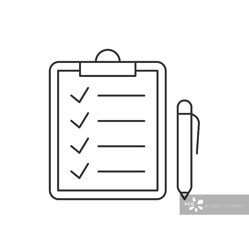 带有剪贴板和笔的对勾线性图标图片素材
