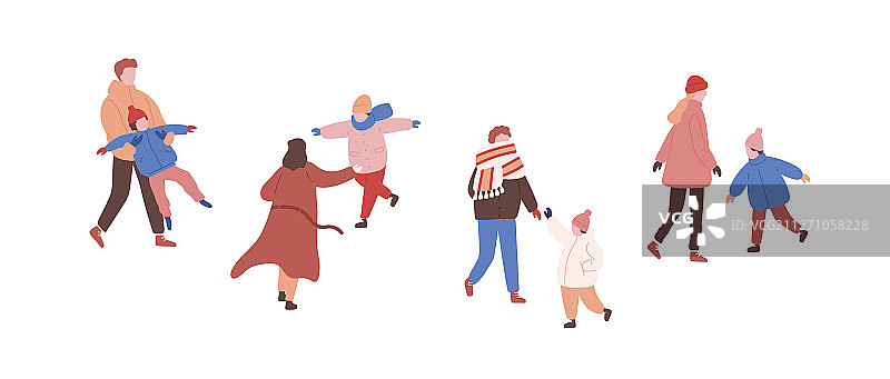 穿着暖和衣服的步行家庭扁平设计图片素材