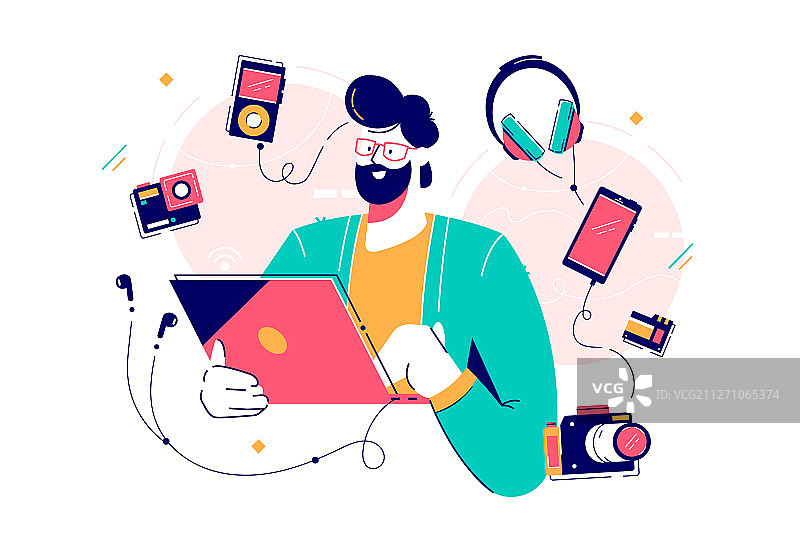 男人与扁平风格的电子设备图片素材