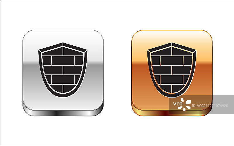 带有网络安全砖墙图标的黑色盾牌图片素材