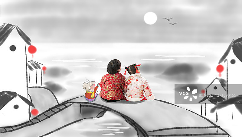 兄妹两人坐在地上的背影图片素材