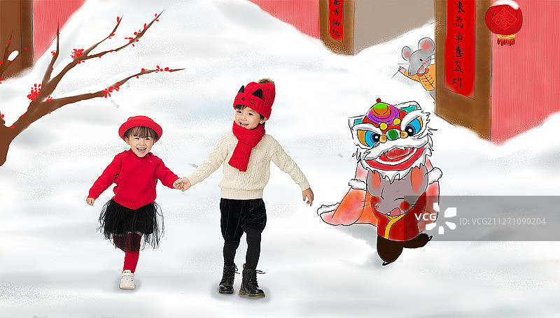 兄妹两人穿新衣服庆祝新年图片素材