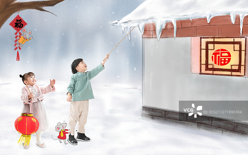 兄妹两人拿着红灯笼庆祝新年图片素材