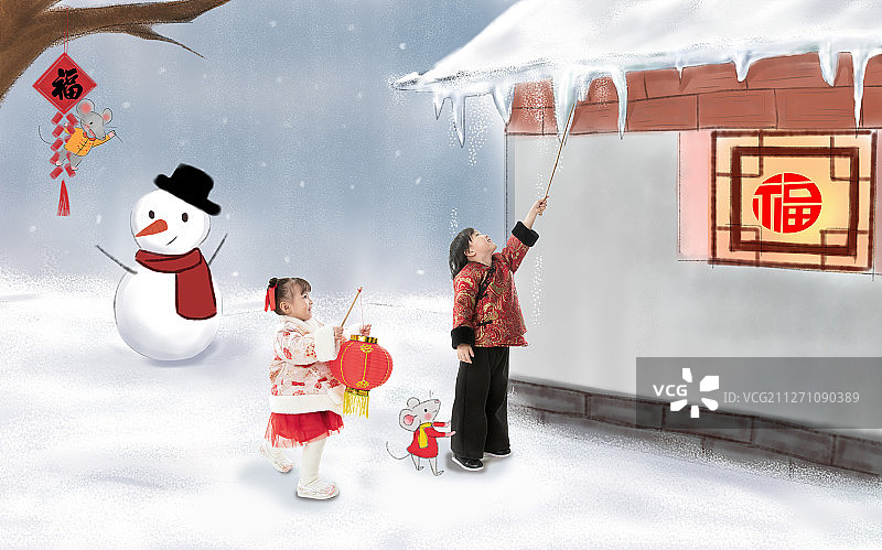 兄妹两人拿着红灯笼庆祝新年图片素材