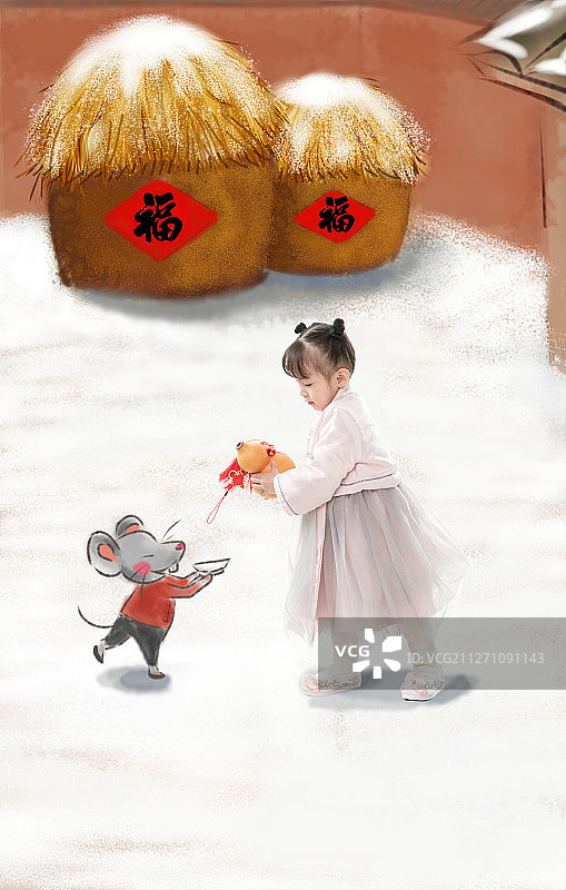 可爱的小女孩拿着葫芦图片素材