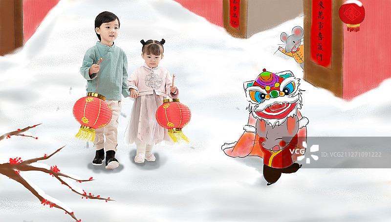 两个小朋友手牵手拿着红灯笼图片素材