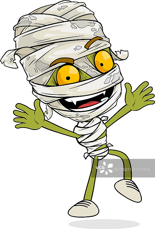 卡通滑稽绿色埃及木乃伊男孩角色图片素材