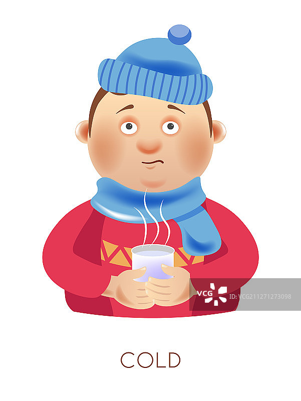感冒的男孩戴帽子围围巾喝热茶图片素材