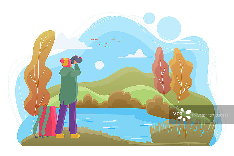 使用双筒望远镜的观鸟者（扁平风格）图片素材
