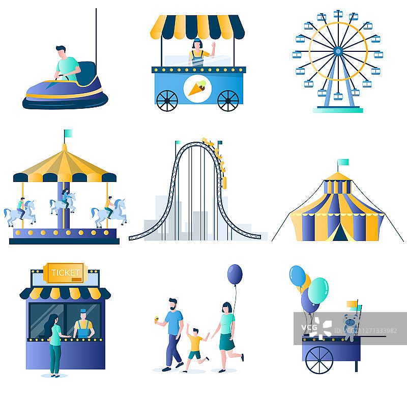 游乐园景点扁平图标集图片素材