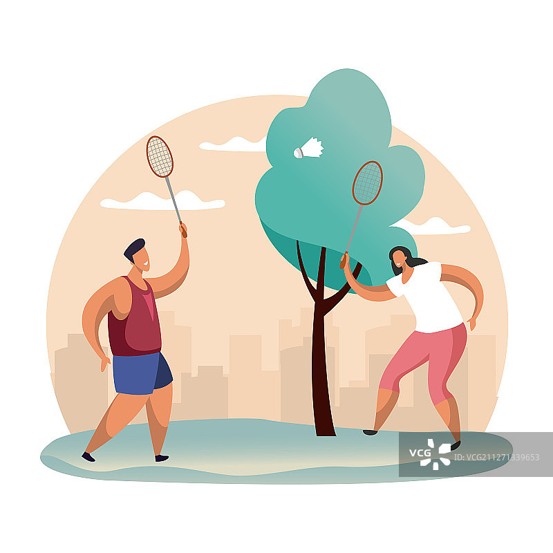 情侣在森林或树林里打羽毛球图片素材