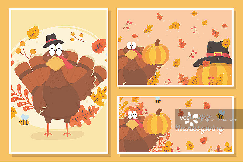 戴着清教徒帽子的感恩节火鸡和树叶图片素材