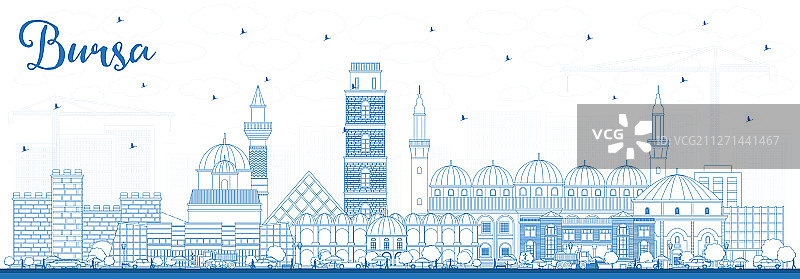 蓝色土耳其布尔萨城市天际线轮廓图片素材