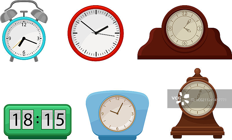 白色背景上各式各样的时钟图片素材
