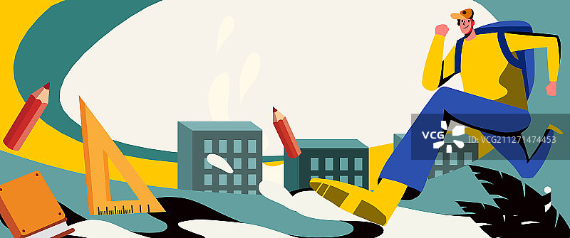 卡通学生背书包奔跑欢呼插画图片素材