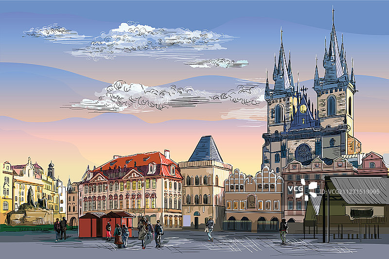 彩色手绘布拉格图片素材