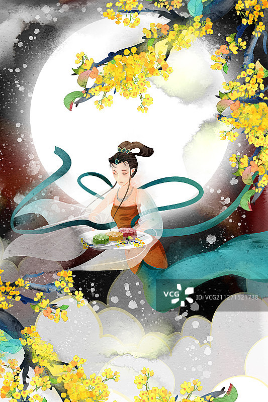 中国风中秋节嫦娥端着月饼插画图片素材