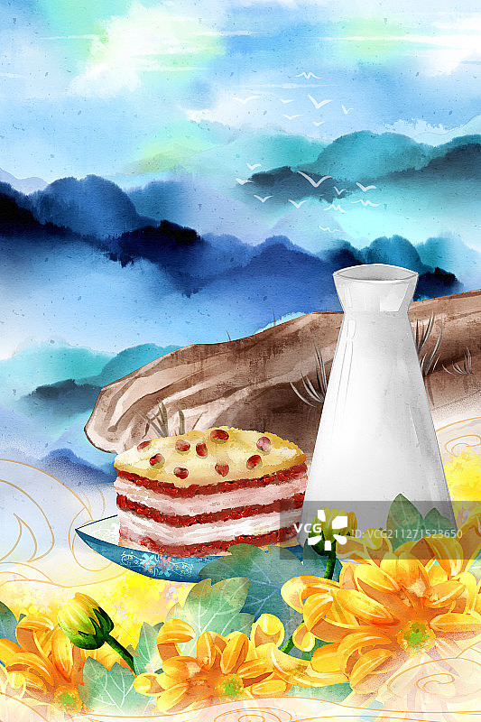 中国风重阳节糕与菊花酒插画图片素材