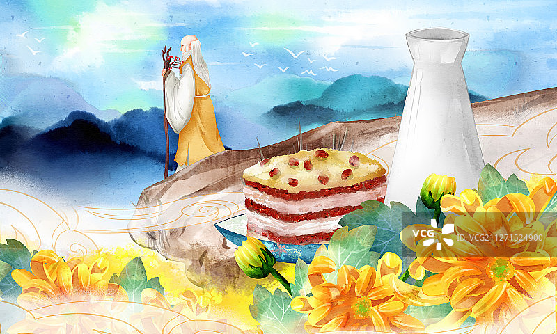 中国风重阳节老人登高吃糕习俗插画图片素材