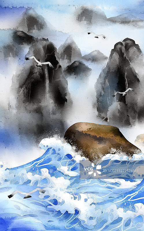 中国风水彩山水插画图片素材