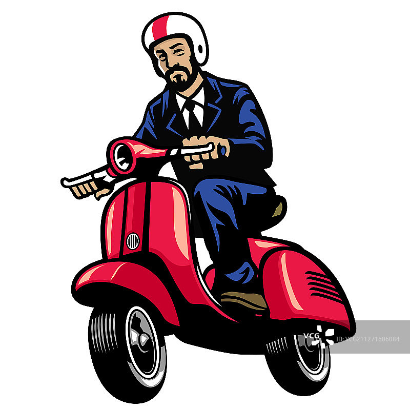 身穿黑色西装的男子骑着复古滑板车图片素材