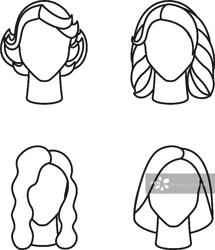 线稿黑白女孩发型合集图片素材