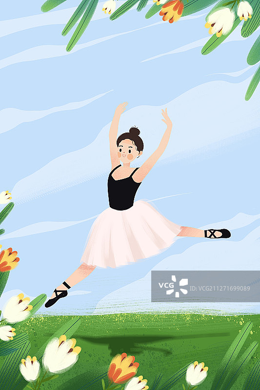 春天正在户外跳舞的芭蕾舞可爱女孩图片素材